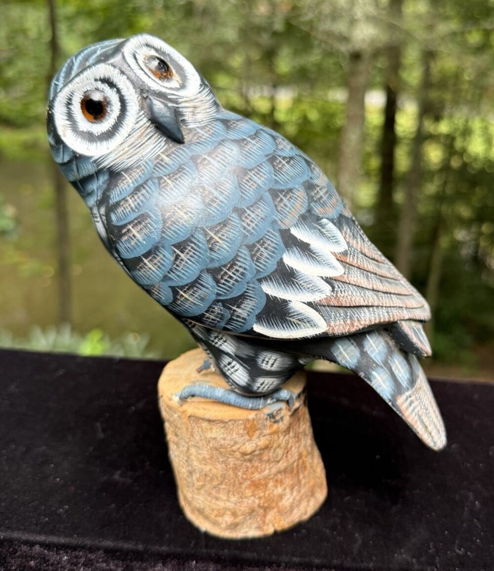Lovely Vintage Enesco Hand Painted Ceramic Blue Owl Figurine Mounted On Wood